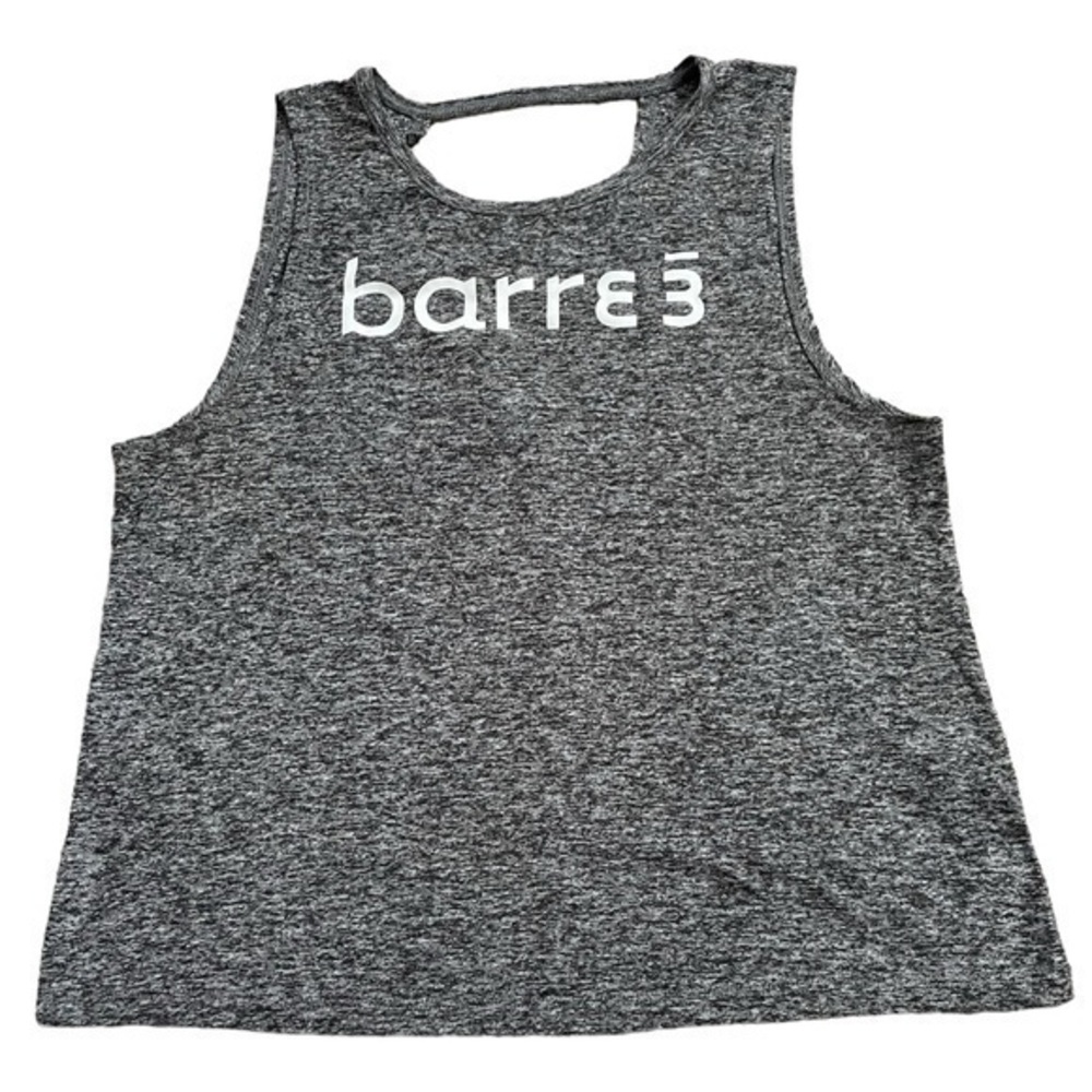 BEYOND YOGA Tank Top Dark Gray. Barre Logo on Front White Text. Open Back. Small